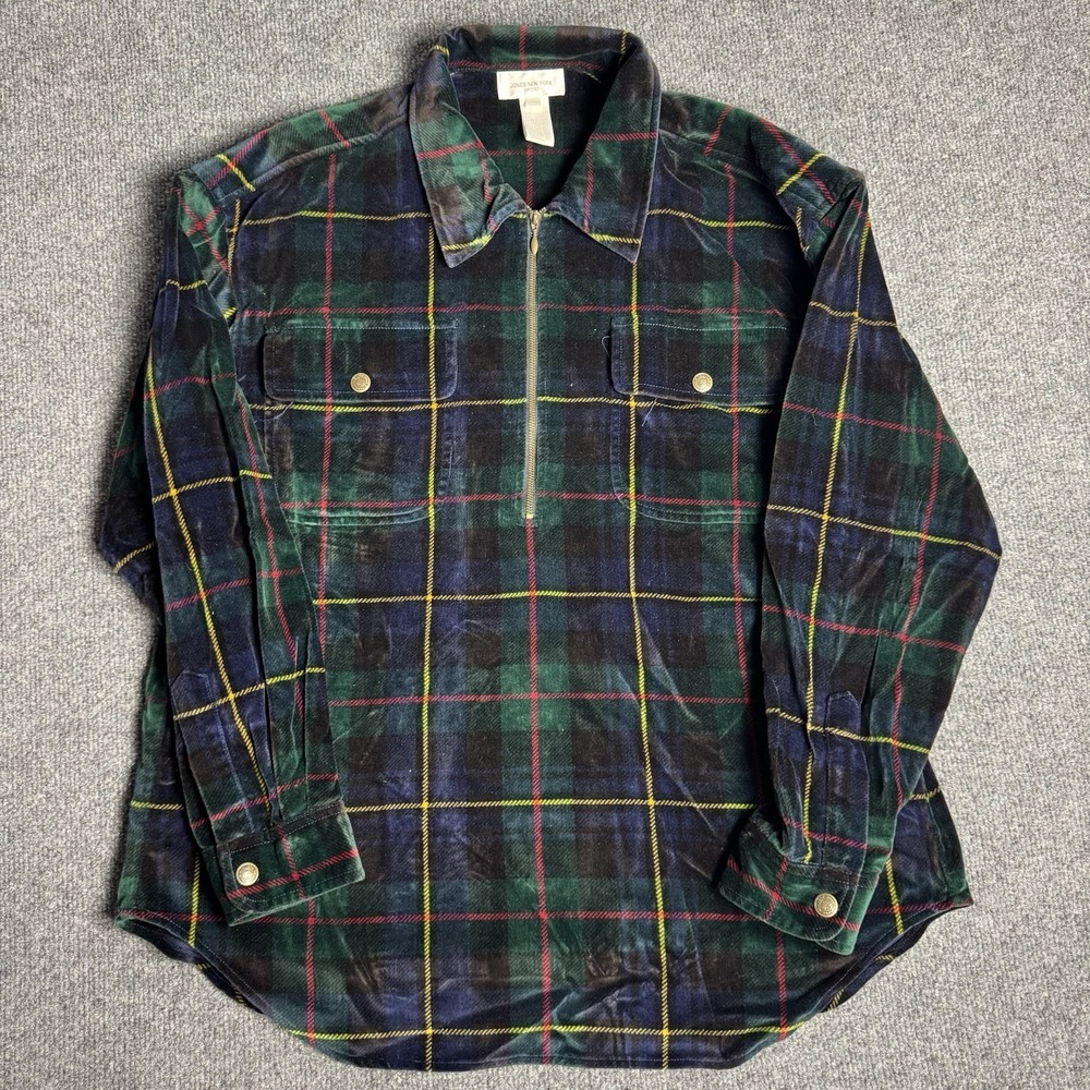 Vintage Jones New York 1/4 Zip Velvet Shirt 100% Cotton Plaid‎ Women's Sz S